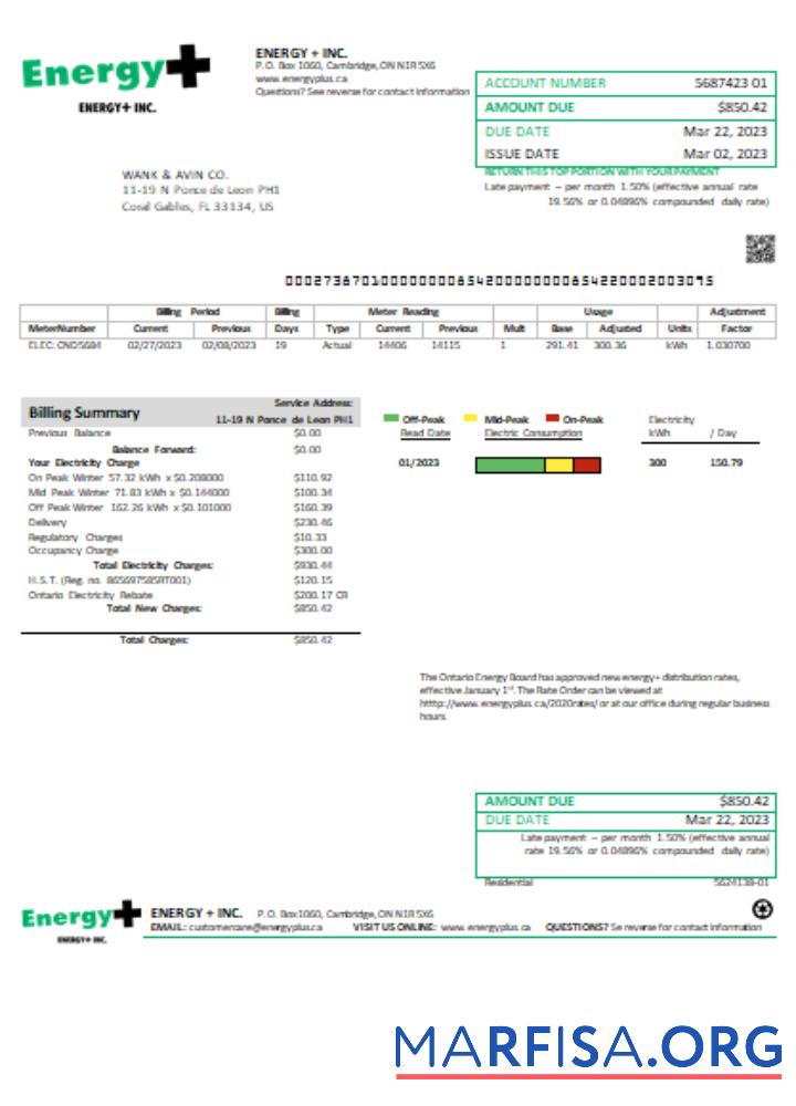Printable Energy Plus electricity utility business bill, SCR example